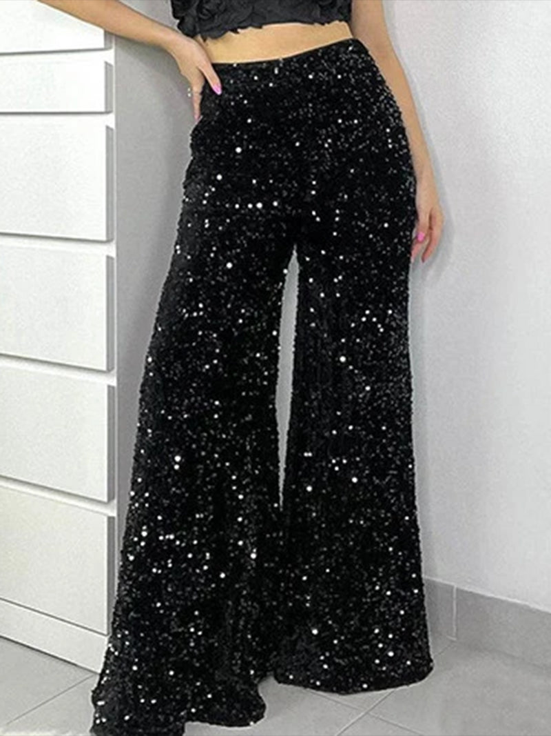 Women’s Casual Loose Wide Leg Pants – Elastic Band High Waist Sequin Trousers