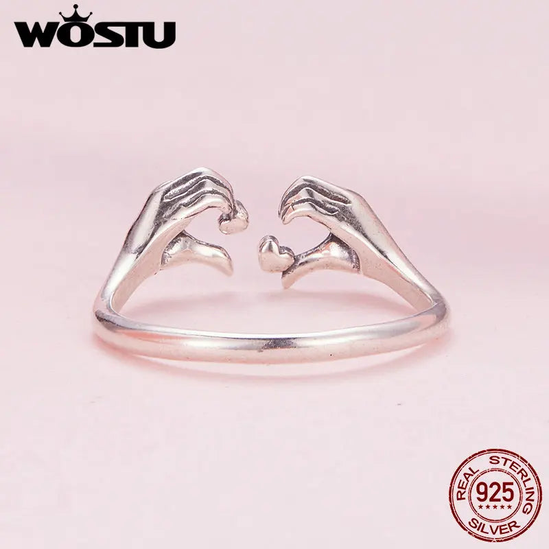 925 Sterling Silver Hand Heart Opening Ring