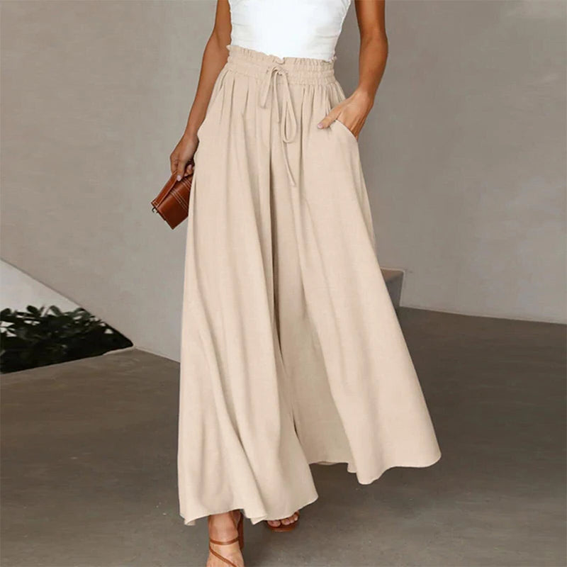 Casual Bandage Wide Leg Skirt Pants – Women's Elastic Waist Solid Color Culottes with Pockets