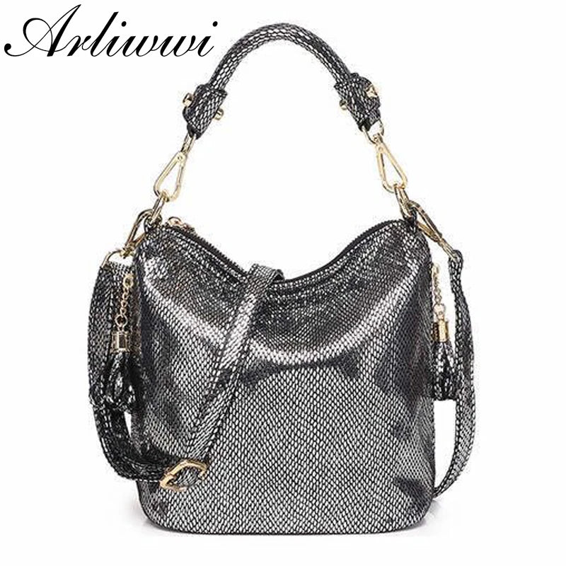 Shiny Bucket Shoulder Bag - Fashion Metallic Gold Silver Handbag