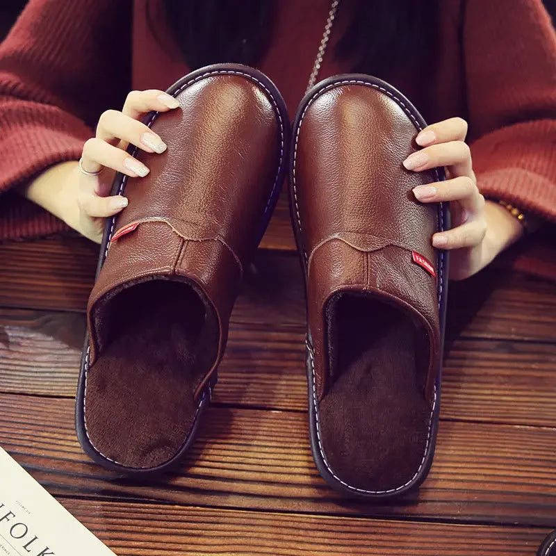 Winter Indoor Warm Lovers Thick Wool Anti-Skid Leather Slippers