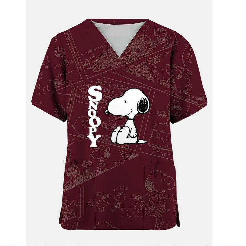 Snoopy Cartoon Print Scrub Tops