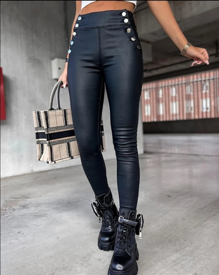 Women's High Waist Buttoned PU Leather Skinny Pants