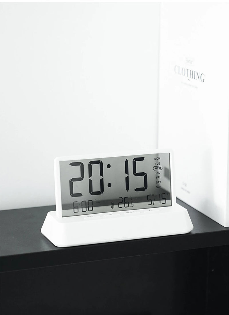 Digital Alarm Clock - Transparent Electronic Desk Clock with Date, Temp, and Large Display Screen