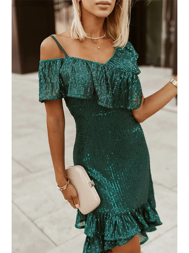 Slim Fit Green Off Shoulder Sequin Dress