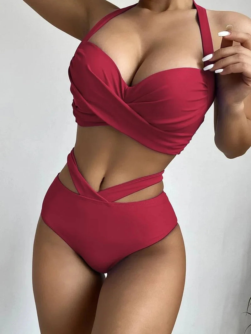 Cut Out High Waist Swimsuit - Halter Top Swimwear