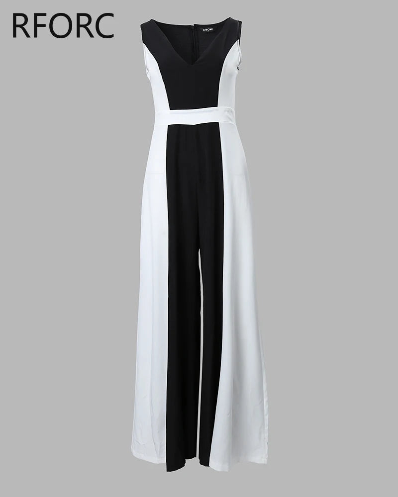 V-Neck Patchwork Sleeveless Wide Leg Formal Jumpsuit