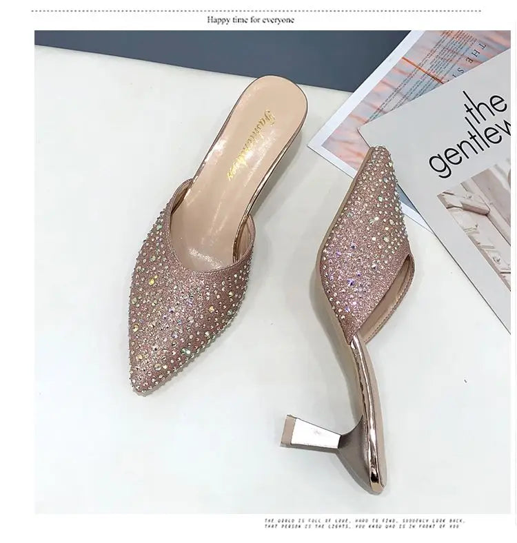 Rhinestone Women's Mule Slides Heeled Pointed Toe