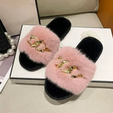 Fluffy Fur Slippers - Fashion Chain Design Women Home Slippers