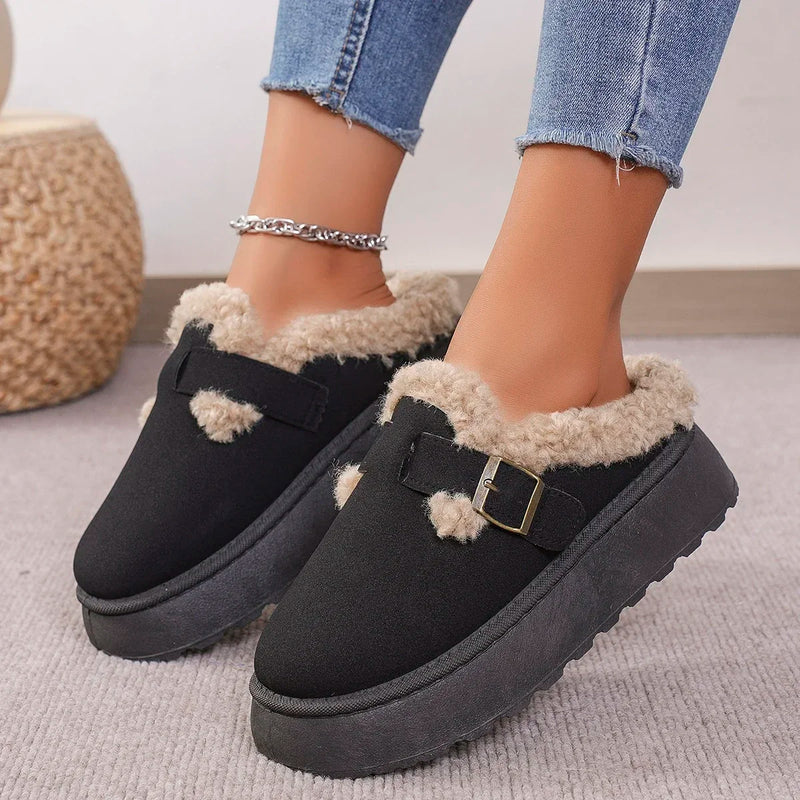 Plush Fashion Retro Bean Shoes - Cotton Women's Flat Sole Slippers