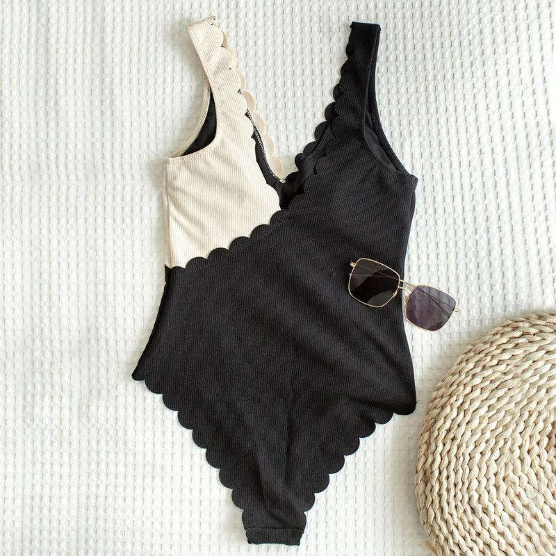 One Piece Bathing Suit - Patchwork Backless Bodysuit