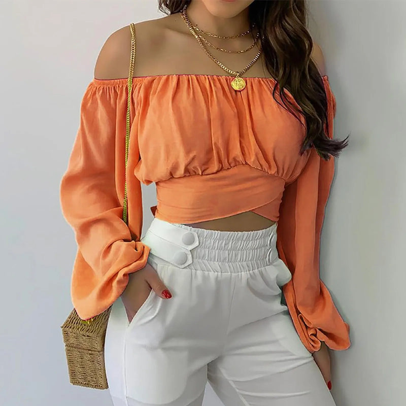 Off Shoulder Ruched Tie Back Crop Top