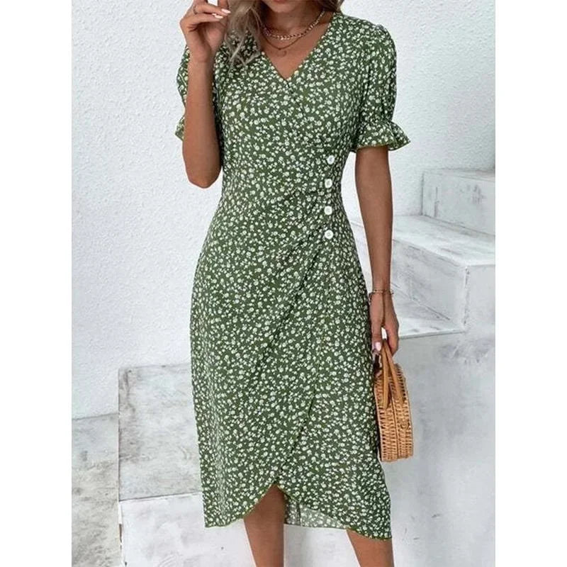 Elegant Floral Pleated H shaped Midi Dress