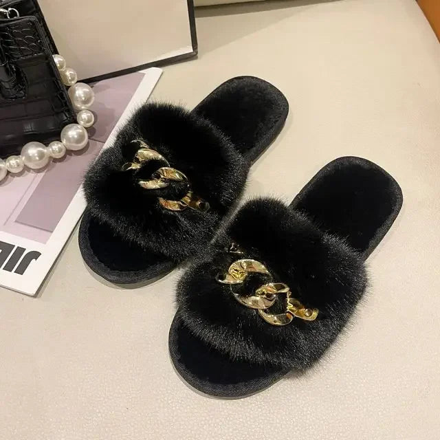 Fluffy Fur Slippers - Fashion Chain Design Women Home Slippers