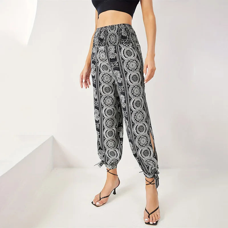 High Waisted Slit Wide Leg Casual Solid Hollow Trousers