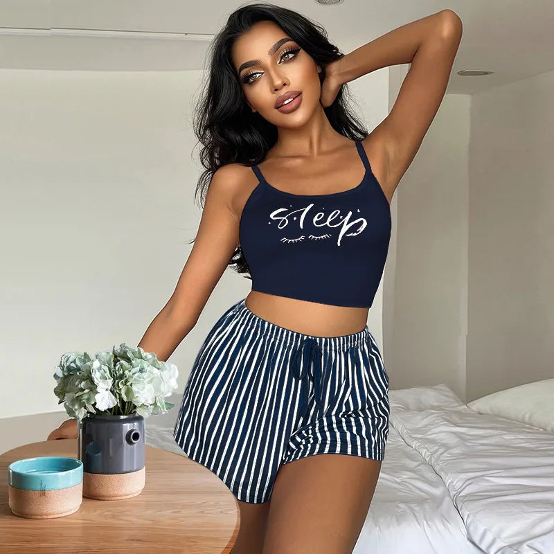 Crop Top & Elastic Waist Stripped Shorts - 2 Pcs Sleepwear