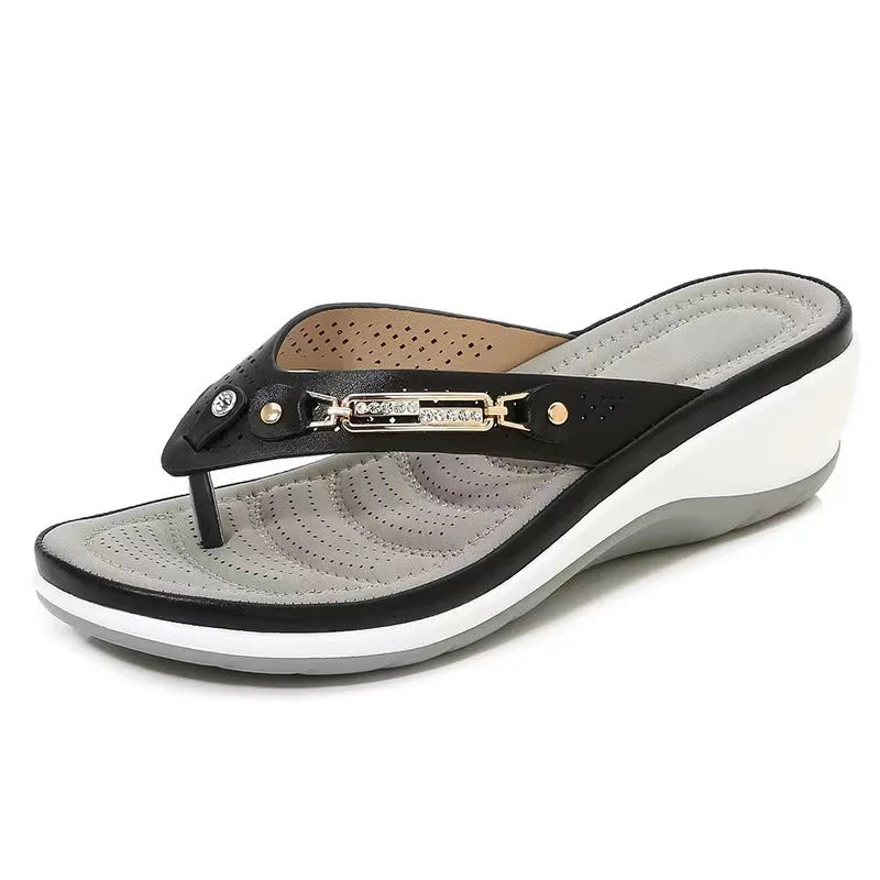 New Fashion Metal Button Slides - Wedge Beach Sandals