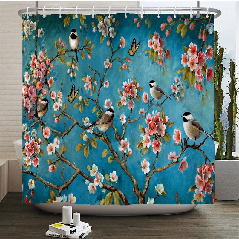 Chinese Style Flower and Birds Tree Shower Curtain