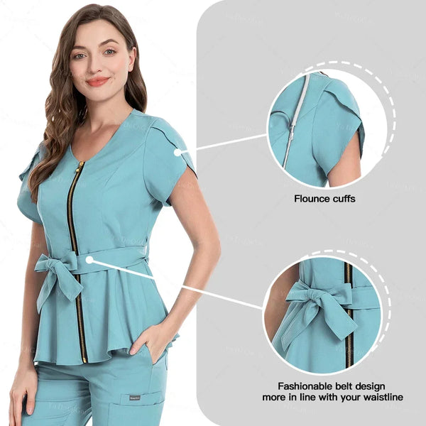 Women's Nursing Scrubs Sets - Zippered Top with Belt and Tapered Leg Pants