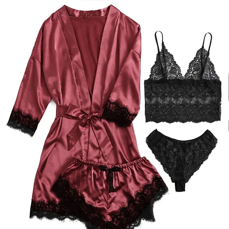 Lace Camisole, Shorts, and Robe Pajama Set