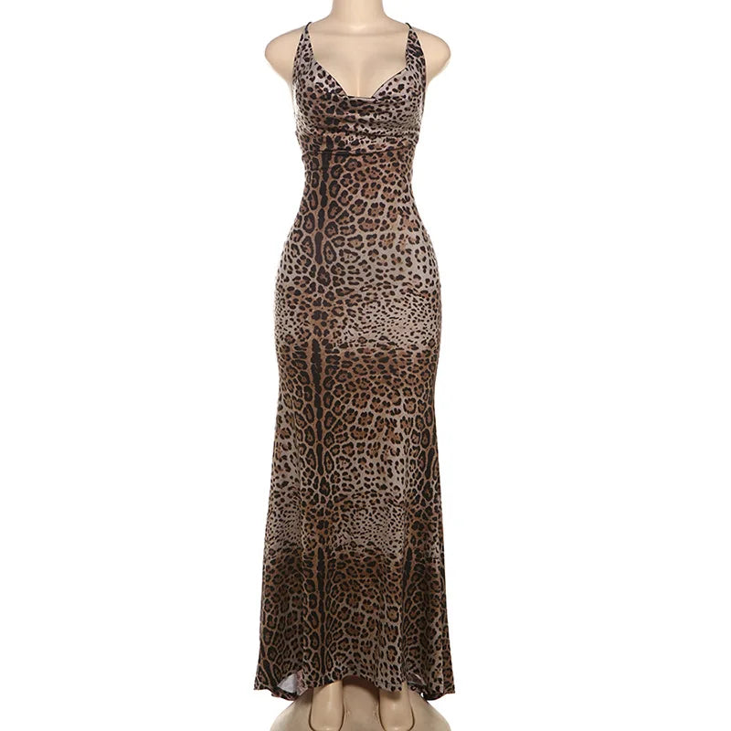 Autumn and Winter New Women's Clothing INS Sexy V-neck Backless Strap Slim Leopard Print Dress Women