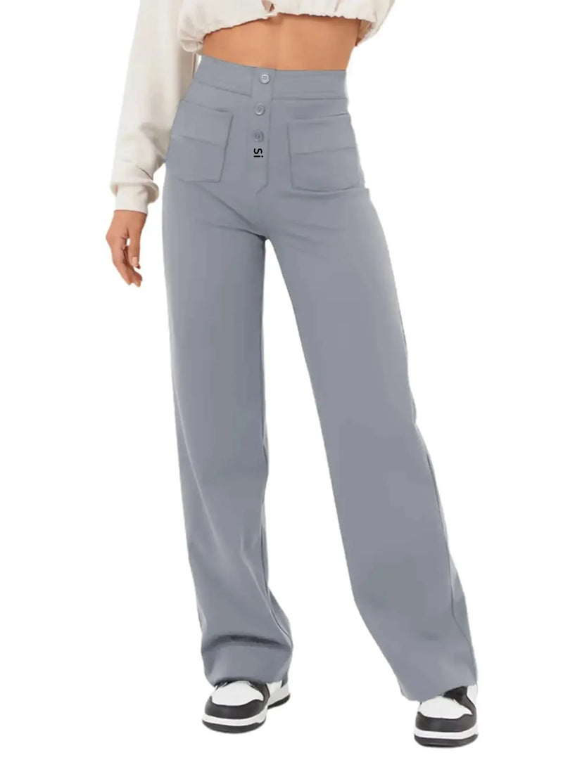 Fashionable New Women's Straight-leg Casual Pants - High-waisted, Buttoned, Elastic Waist with Multiple Pockets