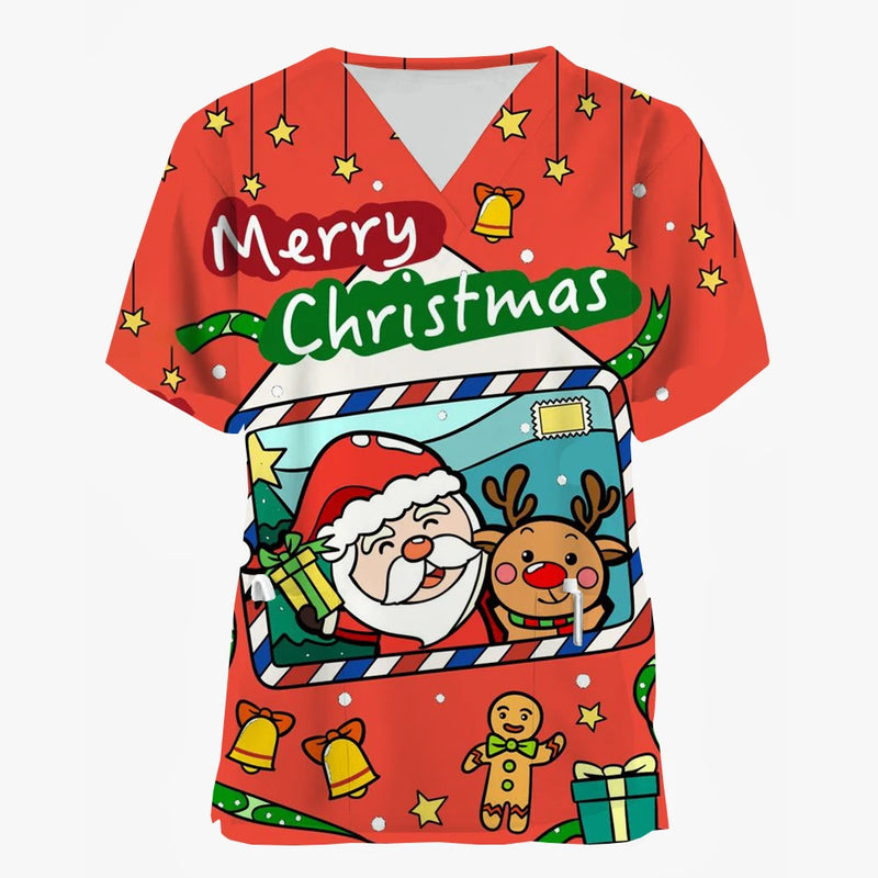 Christmas Holiday V-Neck Short Sleeve Scrub Tops