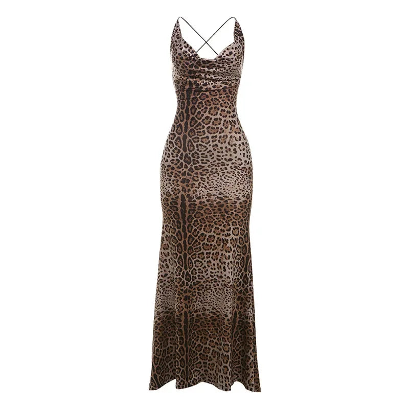 Autumn and Winter New Women's Clothing INS Sexy V-neck Backless Strap Slim Leopard Print Dress Women