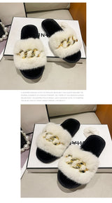 Fluffy Fur Slippers - Fashion Chain Design Women Home Slippers