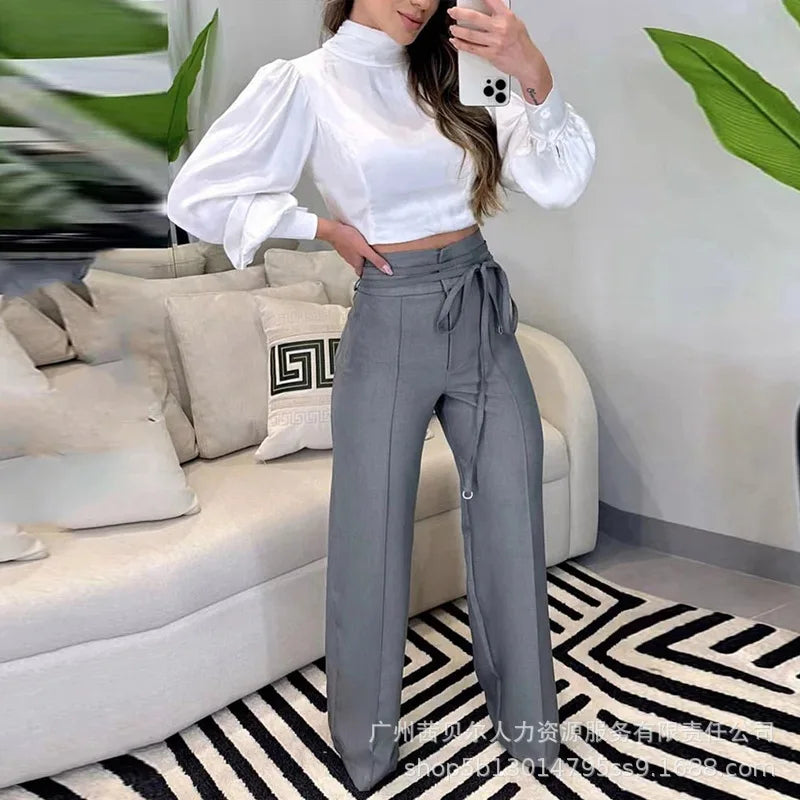 Grey High Waist Strap Casual Commuter Suit Pants