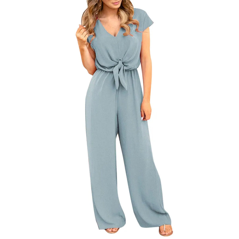 Deep V-Neck Short Sleeve Backless High Waist Elastic Jumpsuit