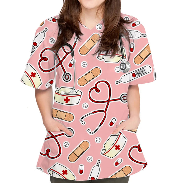 Women's Surgical Uniform Scrub Tops - Medical Graphic Print V-Neck Scrub Tops