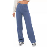 Fashionable New Women's Straight-leg Casual Pants - High-waisted, Buttoned, Elastic Waist with Multiple Pockets