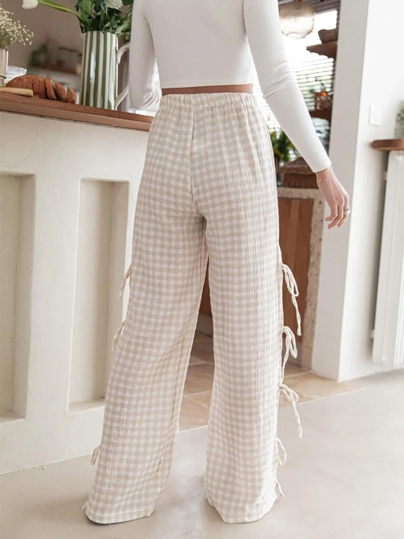 Women's Plaid Stripe with Side Ties Wide Leg Lounge Pants – Summer Casual Pajama Pants