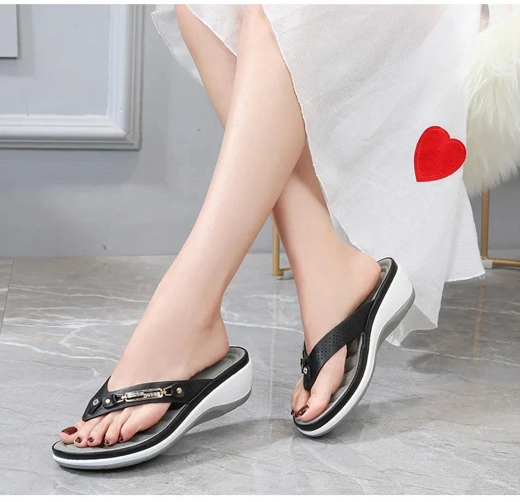 New Fashion Metal Button Slides - Wedge Beach Sandals