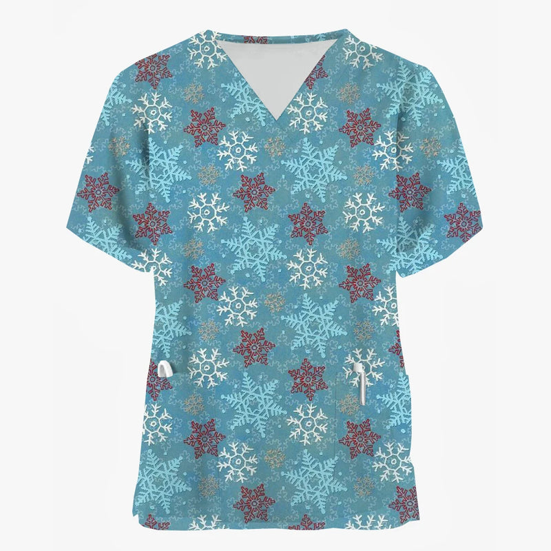 Christmas Holiday V-Neck Short Sleeve Scrub Tops