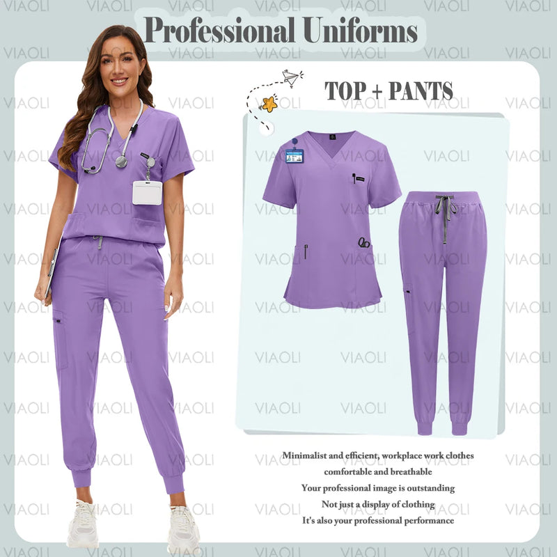 Women's Scrubs Uniform Set: Short Sleeve, V-neck Tops + Jogger Pants Set