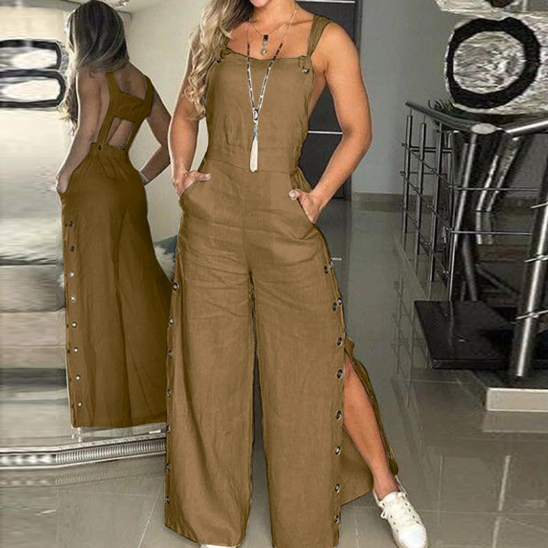 Sleeveless Cotton Strappy Pants with Button Openings