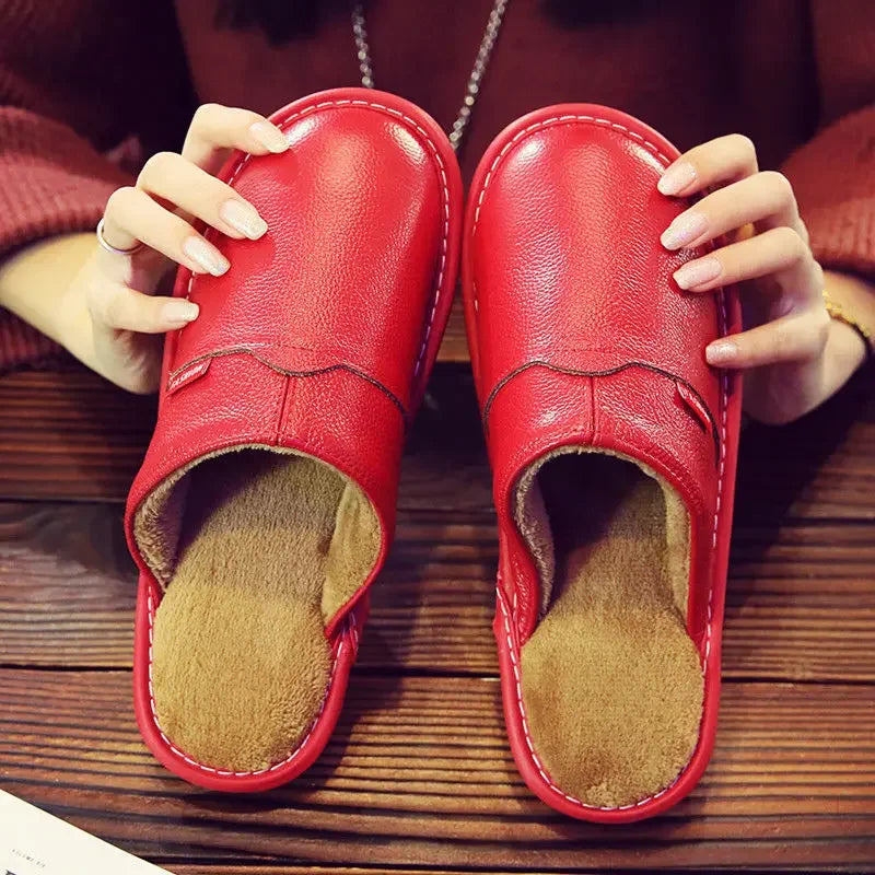 Winter Indoor Warm Lovers Thick Wool Anti-Skid Leather Slippers