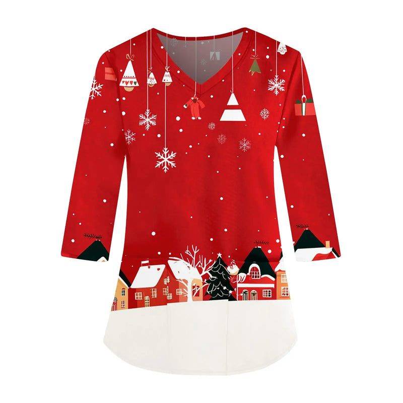 Women's Christmas 3/4 Sleeve Scrub Tops - Fun Christmas Prints