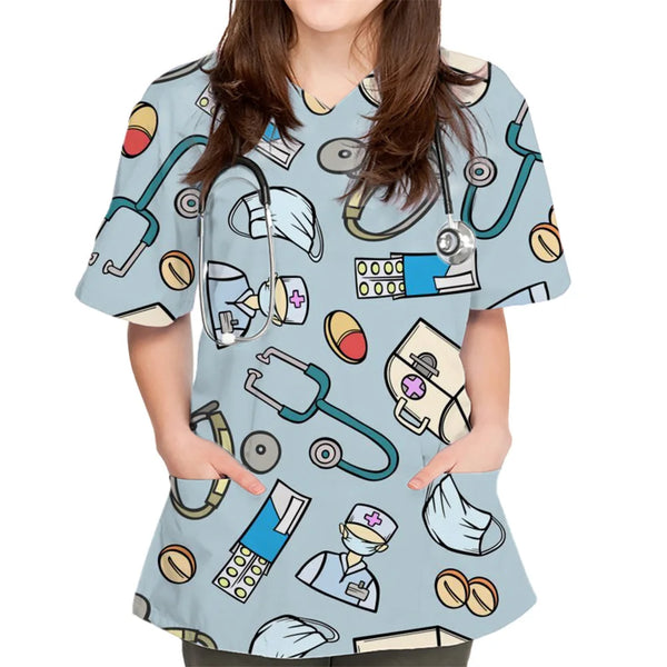 Women's Surgical Uniform Scrub Tops - Medical Graphic Print V-Neck Scrub Tops