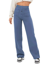 Fashionable New Women's Straight-leg Casual Pants - High-waisted, Buttoned, Elastic Waist with Multiple Pockets