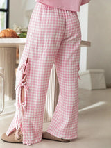 Women's Plaid Stripe with Side Ties Wide Leg Lounge Pants – Summer Casual Pajama Pants