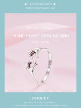 925 Sterling Silver Hand Heart Opening Ring