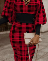 Plaid Lace-Up V-Neck Lantern Sleeve Bodycon Dress