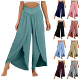 Wide Leg Pants with Front Slit High Waisted Pleated - Boho Beach Yoga Pants