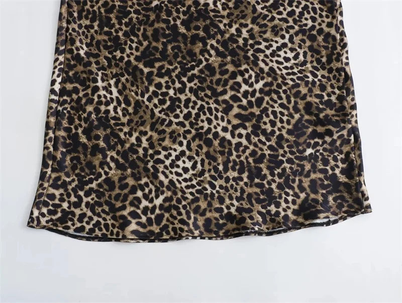 Leopard Print Satin Midi Skirt