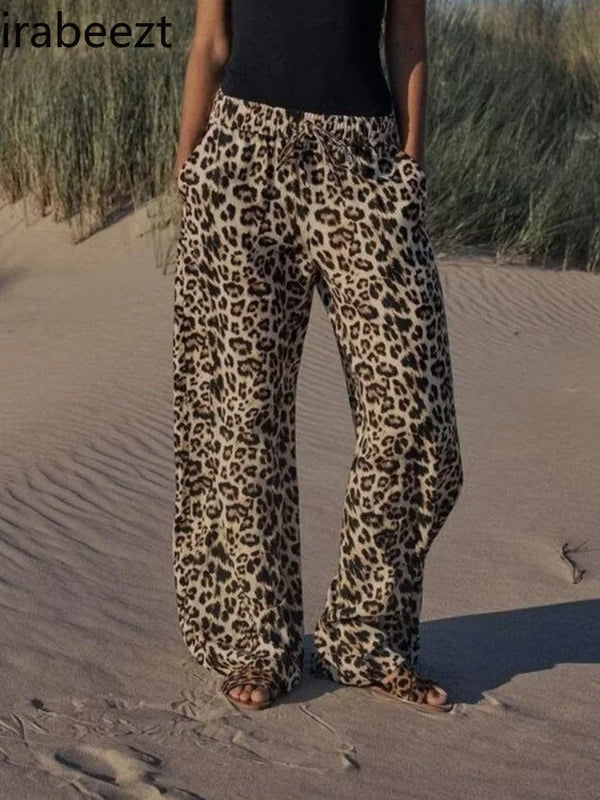 High Waist Bow Lace-up Linen Blend Leopard Print Wide Leg Pants