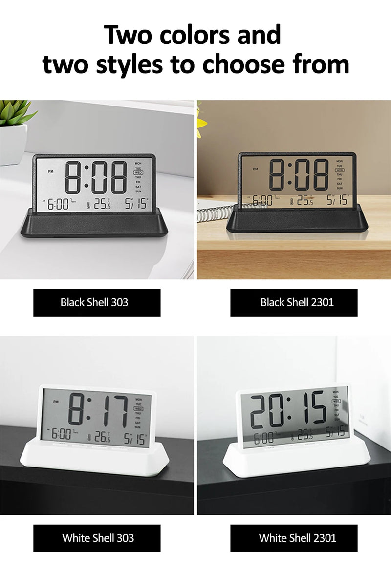 Digital Alarm Clock - Transparent Electronic Desk Clock with Date, Temp, and Large Display Screen