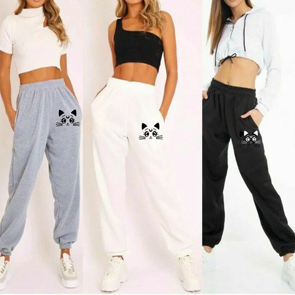 Women's Cat Printed Sweatpants – Loose Fit Joggers for Casual Fitness & Streetwear Style